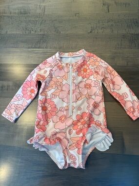 Baby Long-Sleeve Floral One-Piece Swimsuit - Pink
